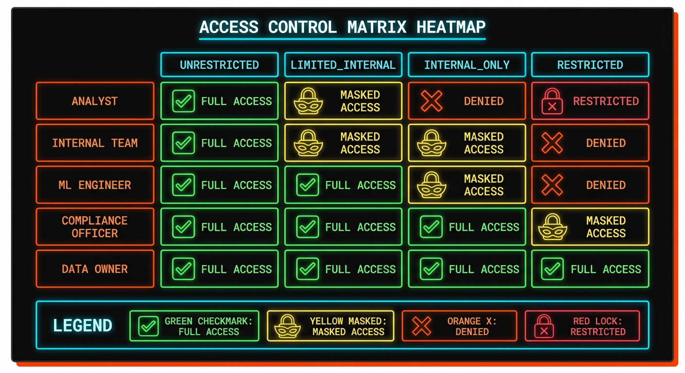 Access control matrix heatmap showing role-based data access permissions